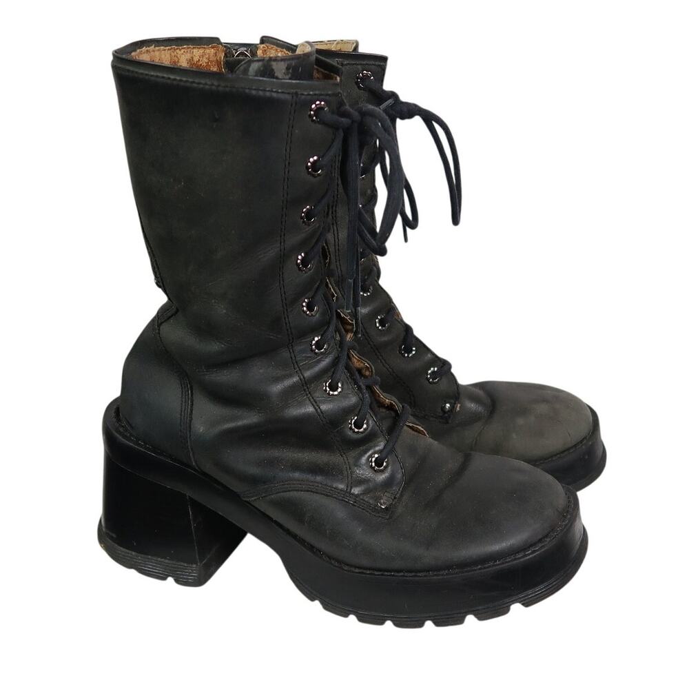 Vintage 90s Candie's Black Leather Chunky Platform Heel Lace-Up Combat Boots 7